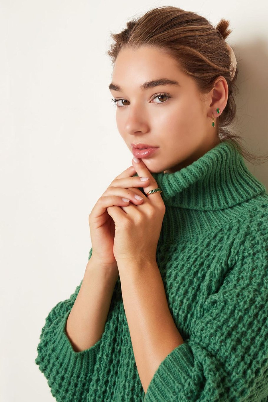 Pull long col roulé grosse maille Sable S/M h5Image6